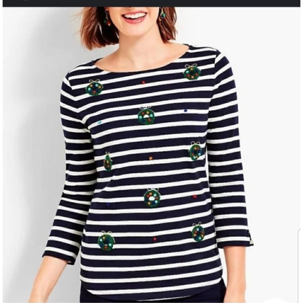 Talbots Christmas wreath pompoms striped long sleeve LP